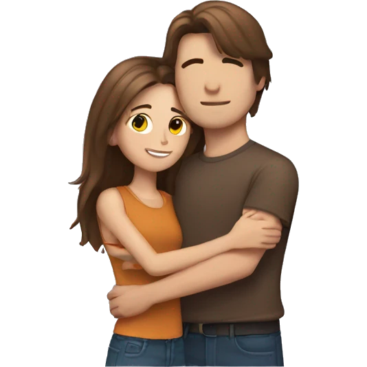 Girl with straight brown hair hugging a guy with fluffy brown hair emoji