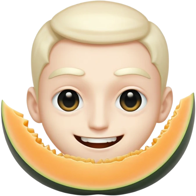Super idol smiling but with only his upper teeth out and he is extremely white and he has completely white pupils and the irises are pitch black and his eyes are so big they cover his eyelids and the background is a very whitish cantaloupe color emoji