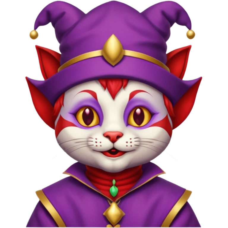 crazy colorful cute little cat jolly joker from poker, medieval, vintage, court jester, mac os icon, purple and red color, half body emoji
