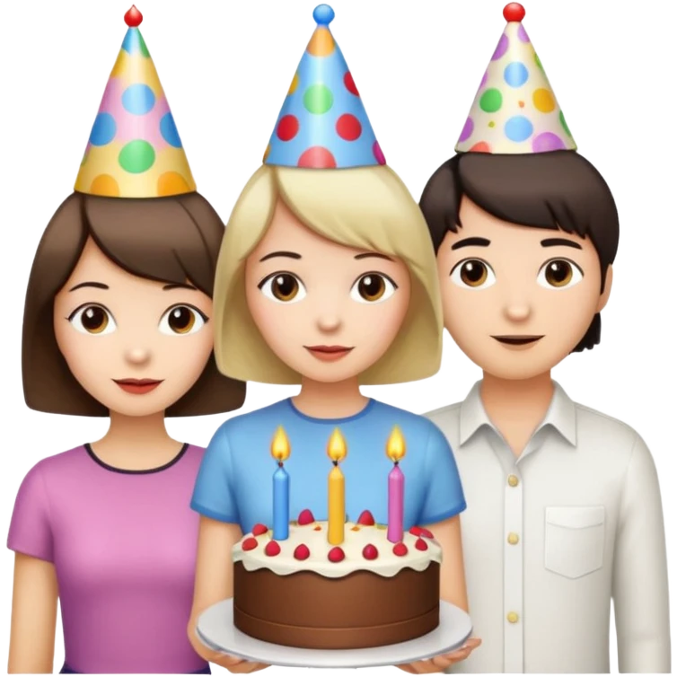 una festa di compleanno con una camicia bianca una ragazza con il caschetto e una torta e un cappellino  emoji