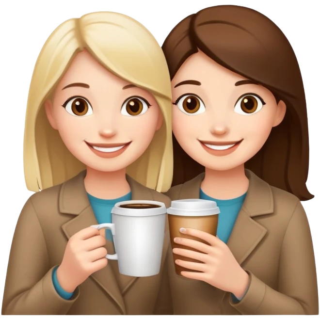 Two girls smiling, holding one coffee cup together emoji