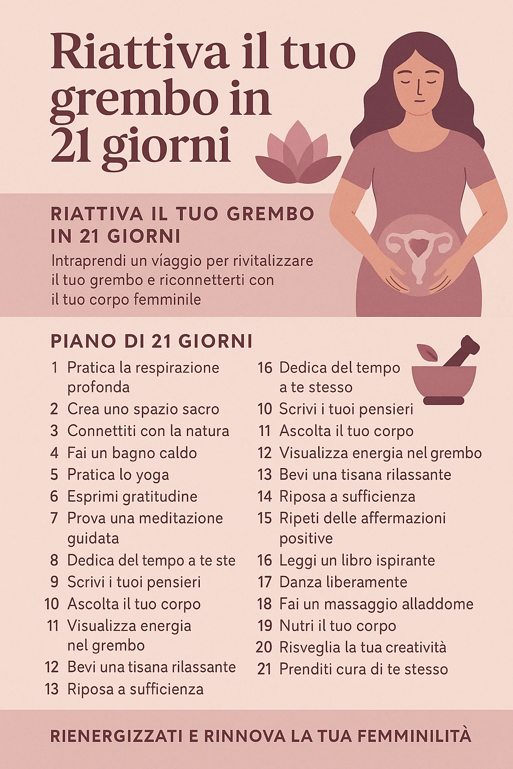 infografica stile post di instagram con titolo "Riattiva il tuo grembo in 21 giorni" emoji