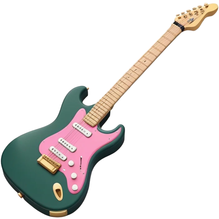 minimalist electric guitar in dark green with pink and blue stripe decal, closed inside a black rectangular hard case with gold latches, flat semi-3D style, soft matte textures, simplified details, stylized decal accent, ready-to-play symbol emoji