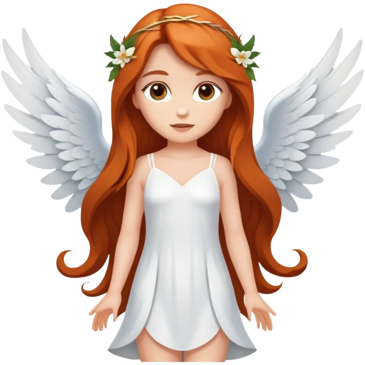 Une magnifique fée avec un visage d’ange  avec de belles ailes une magnifique robe naturelle avec de très long cheveux roux avec des yeux marrons de belle jambe et une belle pose emoji