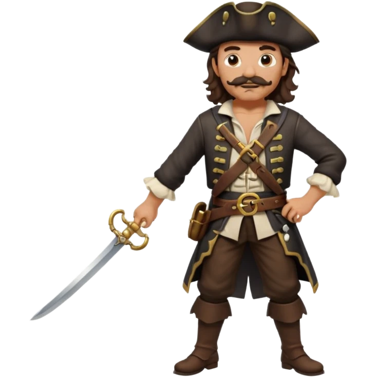 Pirate full body with dark brown wavy hair and mustache and sword emoji