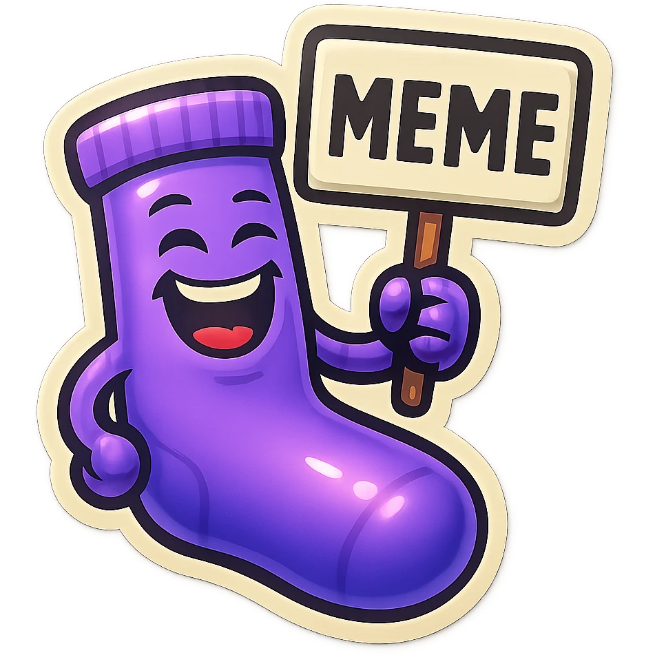A purple sock with a laughing face, holding a meme sign, representing laughter or internet humor. emoji