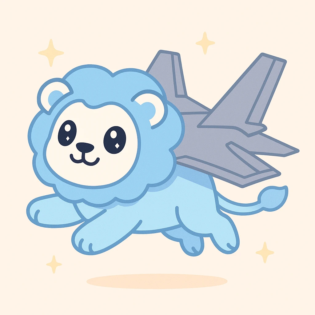 A blue and white lion with F-35 jet wings, flying upward in a pose similar to Nyan Cat, no rainbow, emphasizing the jet wings, playful and energetic style emoji