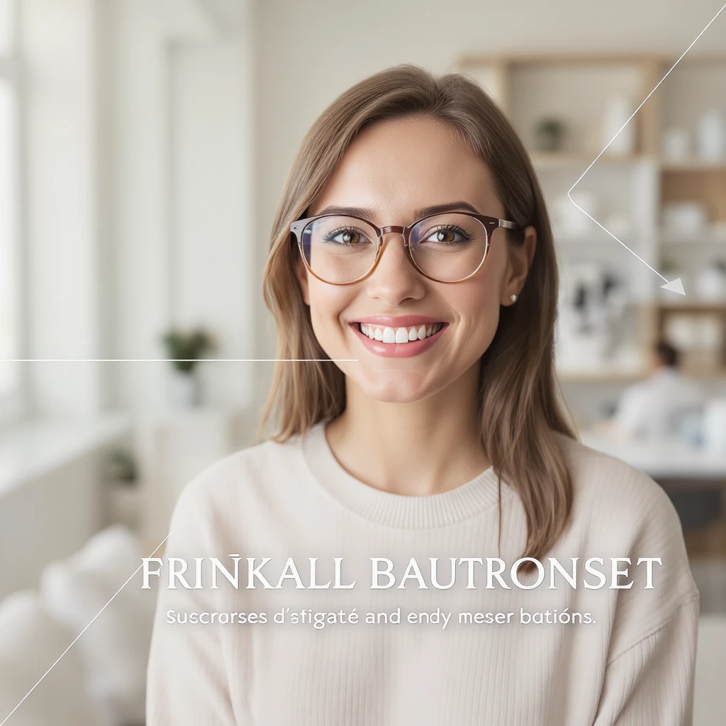 TV Advertising of a smiling woman with glasses smiling, minimalistic ophthalmologist interior in background, leading  lines, rule of thirds emoji