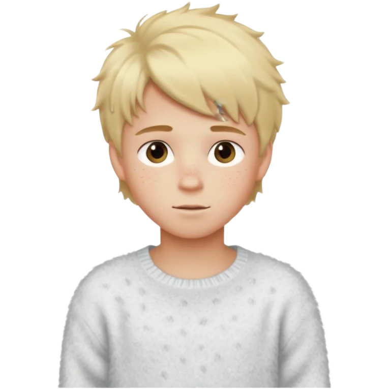 create-a-look-for-a-blond-boy-with-long-tousled-hair-light-eyes-a-white-sweat + fluffy white sweater + styled hair blonde with hair to the side cute + cute face with freckles  medium hair fluffy to the side no long hair cute hair emoji