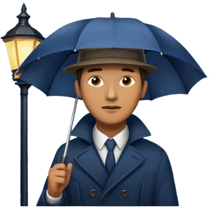 Man with umbrella + streetlight reflection, Midnight Wanderers. emoji