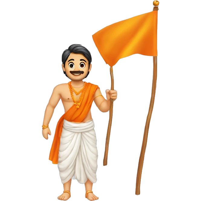hindu guy having a saffron flag in hand, saying jai shri ram with joy, the flag has जय श्री राम written on the flag emoji