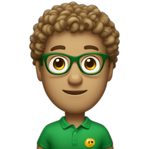 White curly brown guy, wearing a polo larph Lauren California, and having green eyes and elegant gold glasses to see emoji