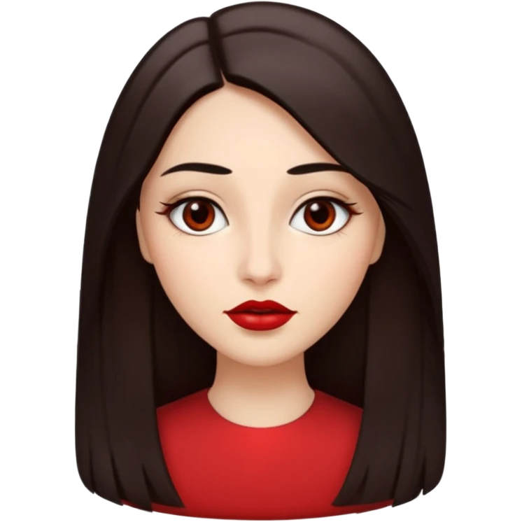 A woman emoji with fair skin, long straight dark brown hair parted in the middle, an oval-shaped face, arched dark eyebrows, almond-shaped brown eyes, a small nose, and full lips colored with deep red lipstick. emoji