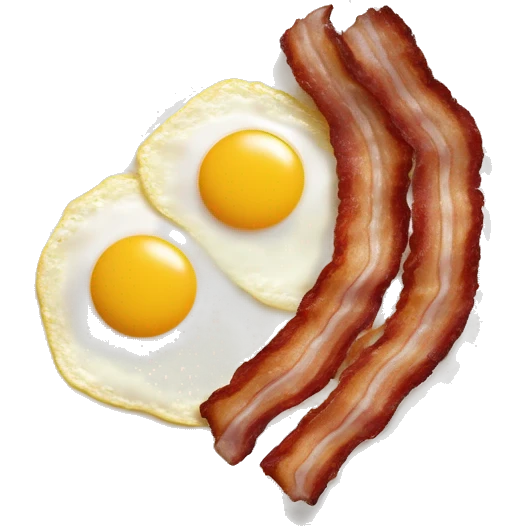 strips of bacon, eggs cooked sunny side up, diced potato hash browns, sausage links breakfast on a white plate dish, with a bowl of fruit as a side and a large glass of orange juice emoji