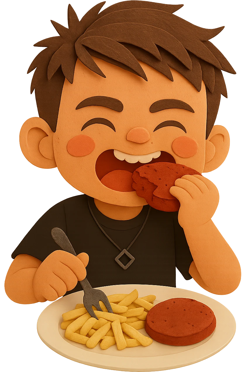 The same boy is now greedily chewing the meat patty emoji