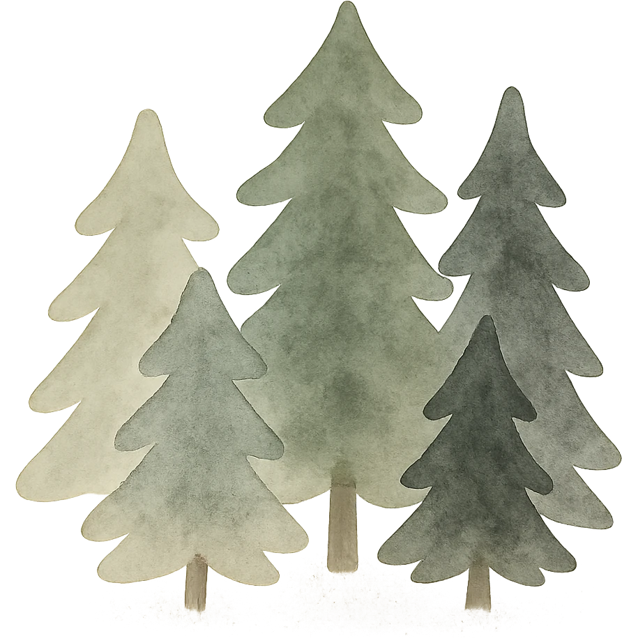 group of simple evergreen trees in folk art style, dark neutral forest color tones, watercolor texture with outlines, suitable for favicon emoji