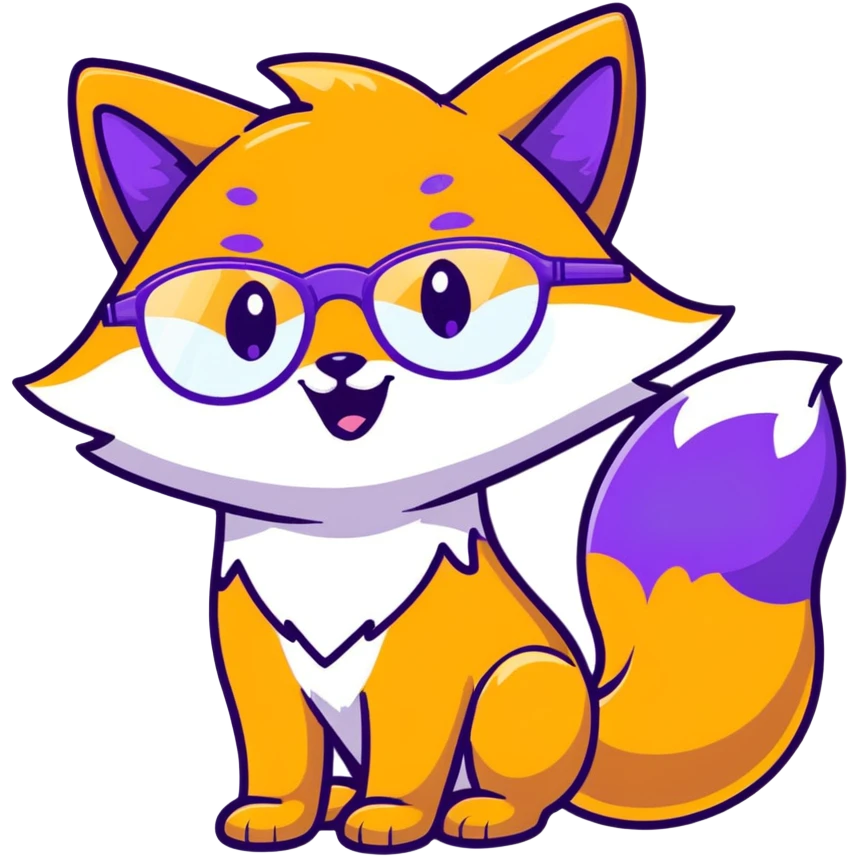 A magical fox with shimmering purple and blue fur, a glowing tail, a silver star on its forehead, and round glasses, laughing so hard that tears are streaming from its eyes emoji