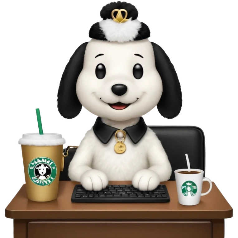 snoopy in a desk with starbucks and his chanel purse emoji