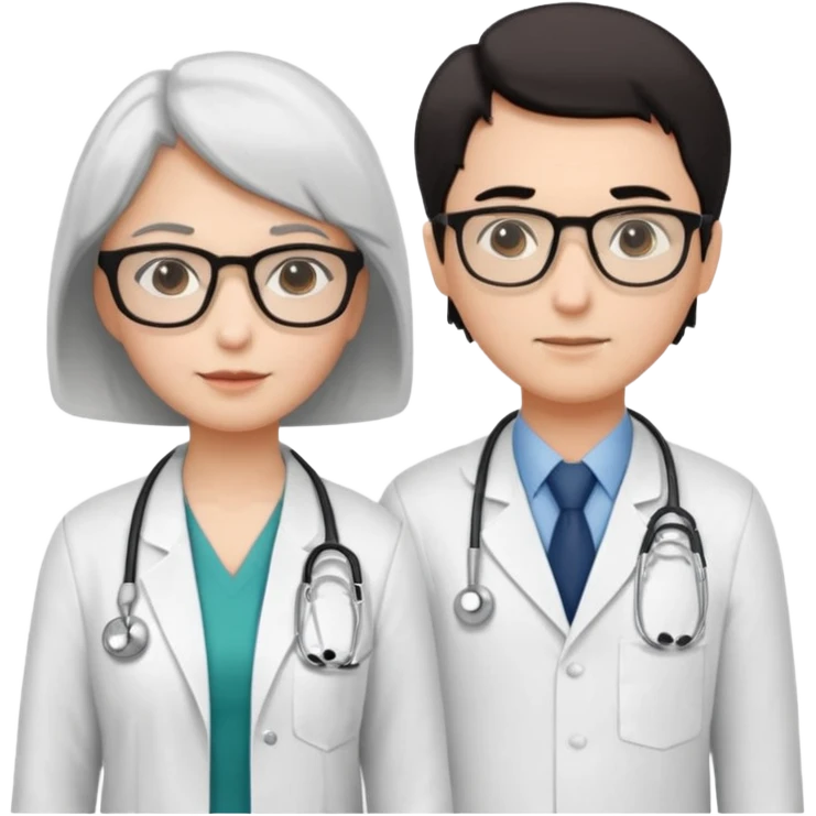 Create four doctors grouped together. Place a female doctor with dark brown short bob hair prominently in the front. Behind her, include:

a doctor with white hair wearing glasses,

a young male doctor with black hair and no glasses,

and a female doctor with black short bob hair wearing glasses. emoji