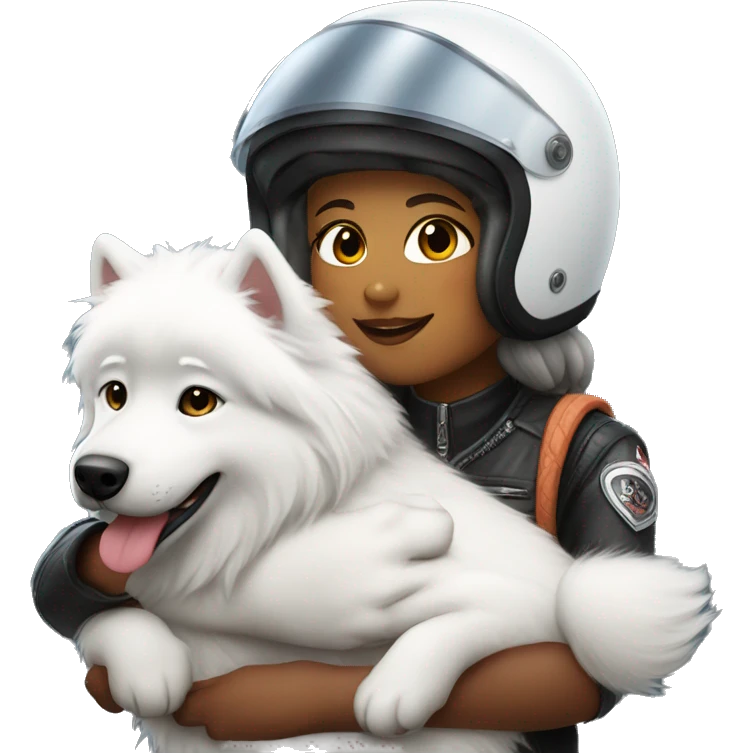 Biker girl with a full helmet hugging a Samoyed  emoji