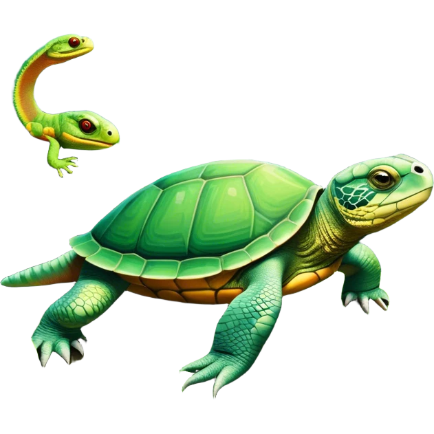 Close-up collage of a turtle, snake, and chameleon in a natural environment, with vibrant greenery and soft sunlight filtering through. Each reptile is shown in intricate detail, highlighting their unique textures and colors, set against a lush, serene background. emoji