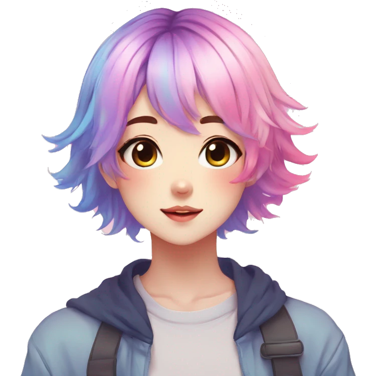 Gorgeous anime style tomboy with blushing face aesthetic and pretty colorful shiny gradient pastel hair trending style emoji