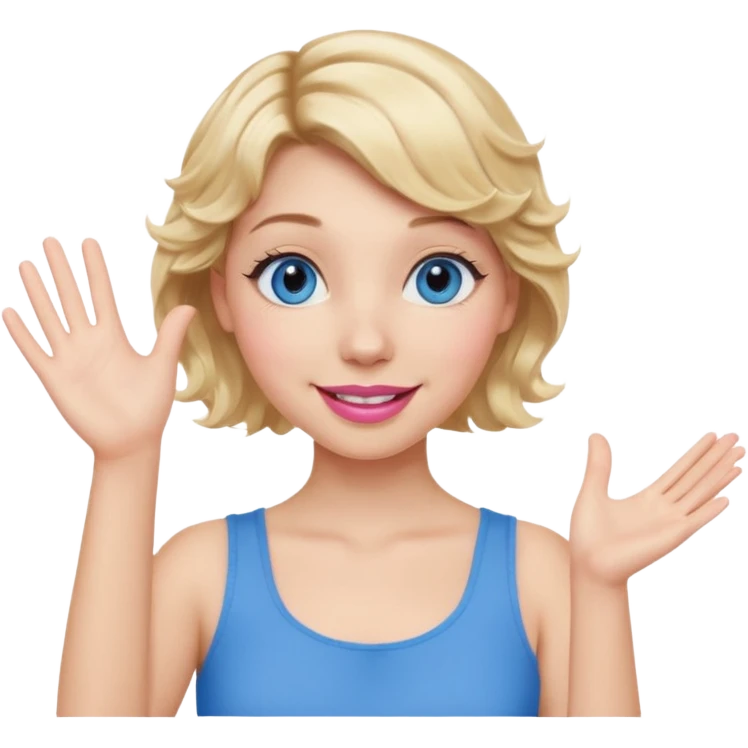 Girl Blonde short wavy hair,  blue eyes, cute blue top, long lashes, pink lips, smiling, one hand in the air emoji
