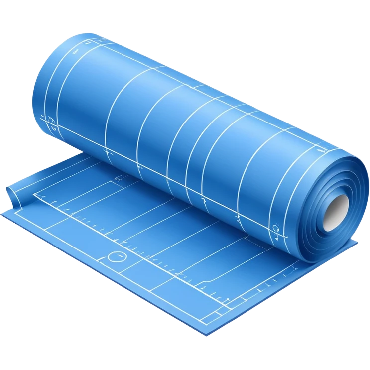blue blueprint plan with white lines, partially rolled up, perspective view emoji