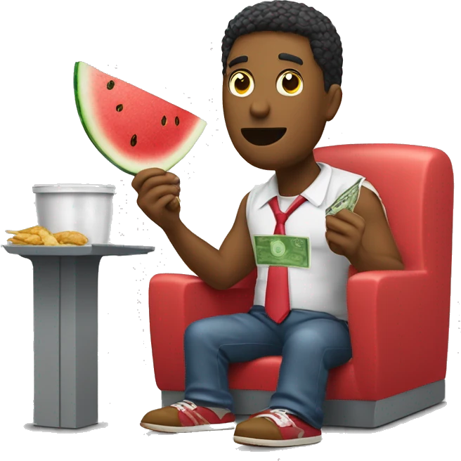 colores man eating fried poulet legs and watermelon while taking money out of a bank emoji