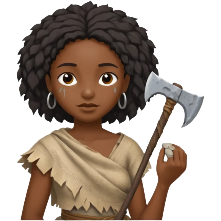 ancient black girl, tattered leaf cloth, hold broken stone ax emoji