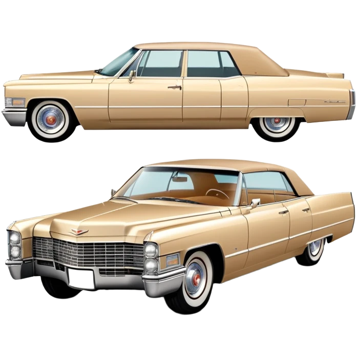 Iconic beige 1966 Cadillac DeVille with distinct front grille and headlights, precise three-quarter view at 30 degrees, authentic vintage luxury proportions, as seen in Once Upon a Hollywood, iOS emoji style emoji