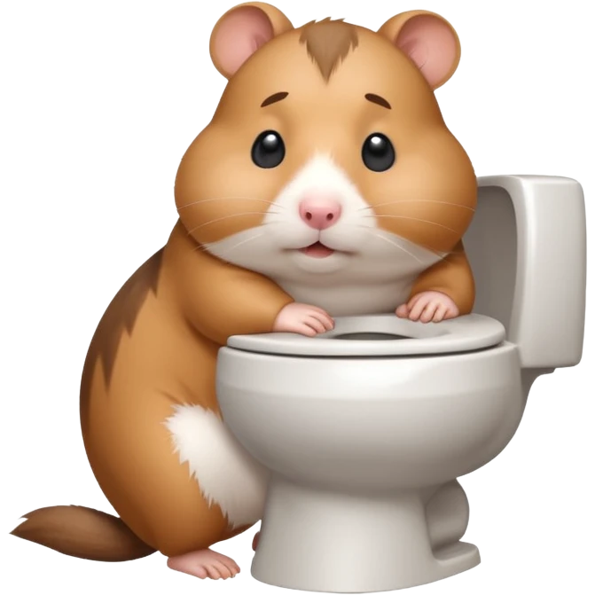 Cute chubby cartoon-style hamster sitting on toilet pooping looking as if he had an accident emoji
