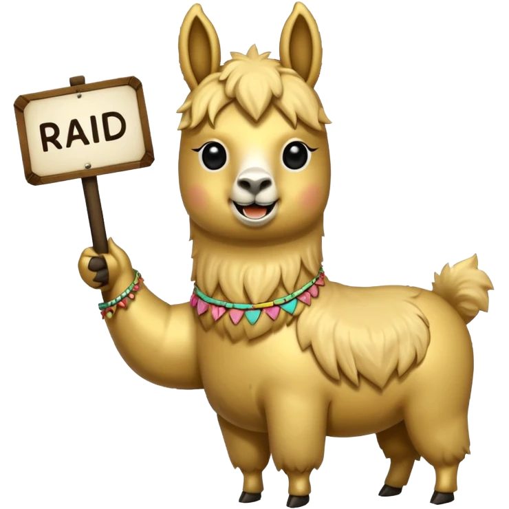 A small golden llama silhouette holding a sign in its teeth that says RAID emoji