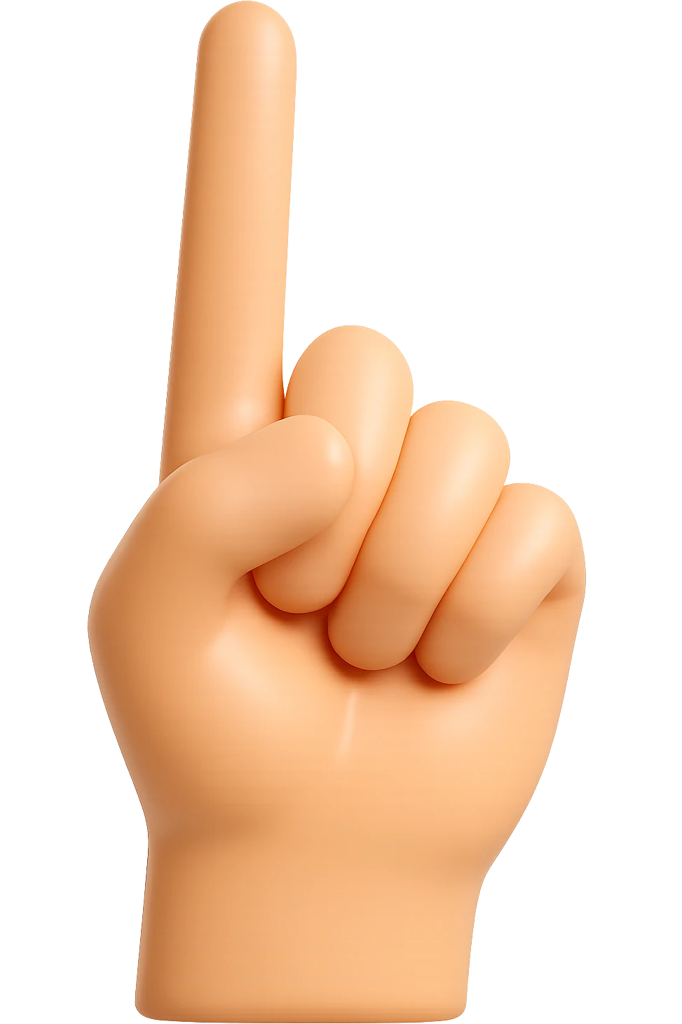 Make the hand look like hard, shiny plastic, just like a figurine's hand from a kid's plastic toy. The surface should be smooth, rigid, and glossy, with realistic skin color, pointing upwards with the pointer finger extended, very high quality and detailed, no background. emoji