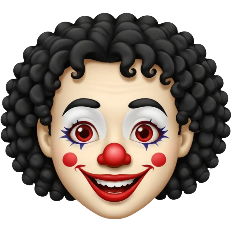 generate clown emoji with a big curly black hair 

wide black smile, long and pointy white nose emoji