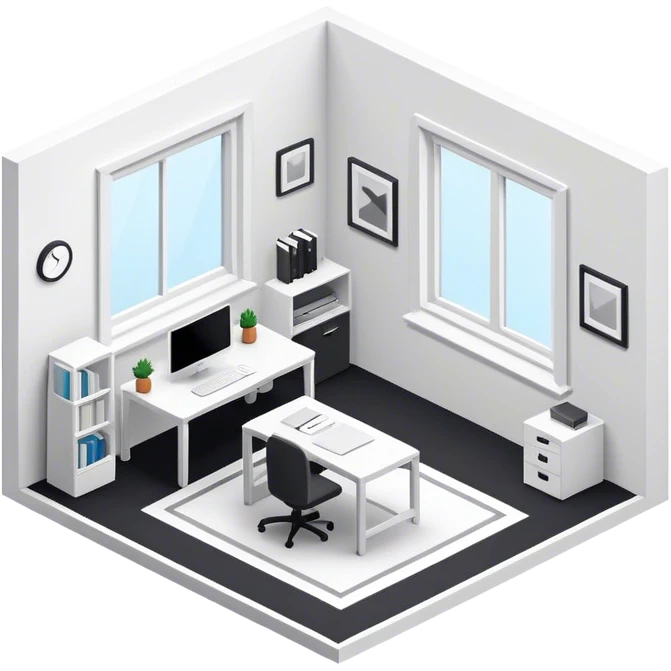 An isometric 3D room with two white walls that meet at the back left and right and a single Window. Black and White Home Office emoji