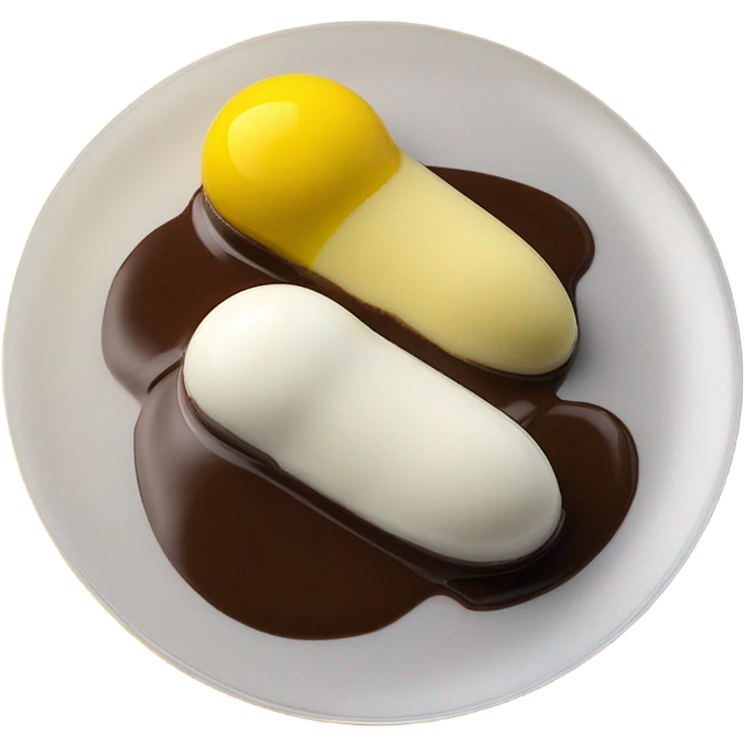 1 Chocolate quenelle and 1 vanilla quenelle on a fine dining glass plate with 3 small drops of yellow sauce as decoration emoji