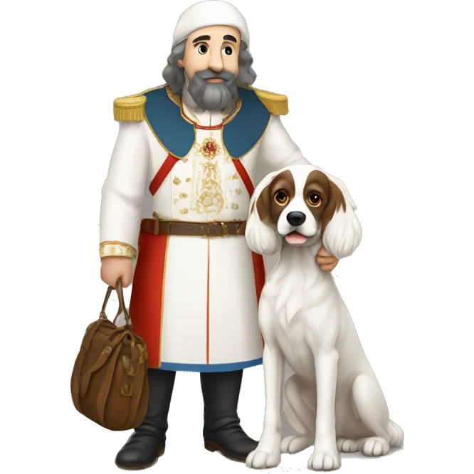 I’m a Russian, in the style of Old Many holding my dog spaniel with white color. and show the Victor emoji