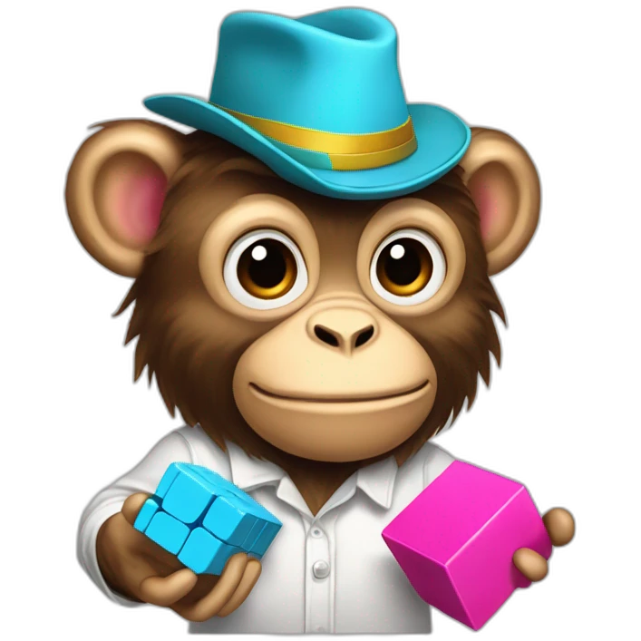 Monkey with hat glazzes a shirt and pants and pink shoes and a Rubix cube in hes hands emoji