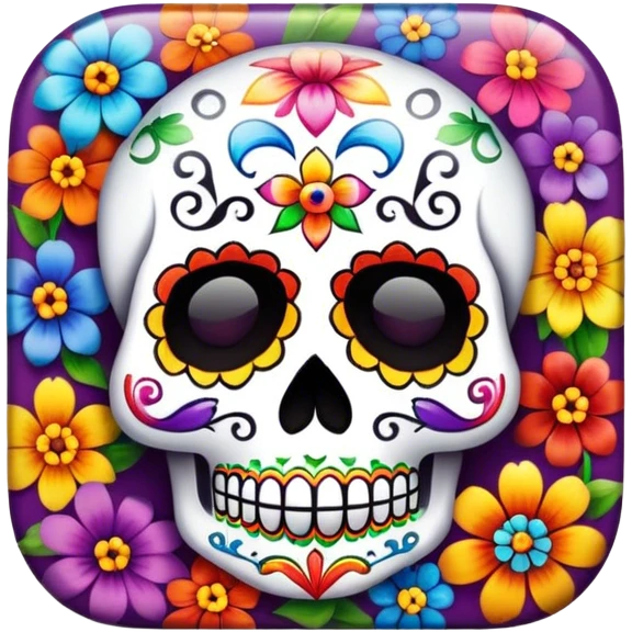 Beveled square shaped button with day of the dead sugar skull and rainbow colored flowers in the center emoji