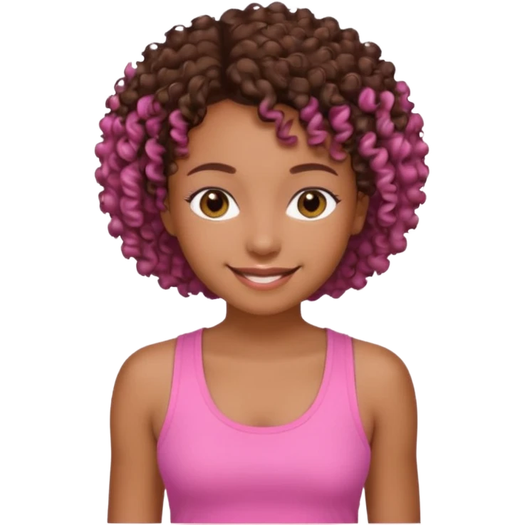 Uma menina com o cabelo cacheado curto é morena, e com uma regata rosa emoji