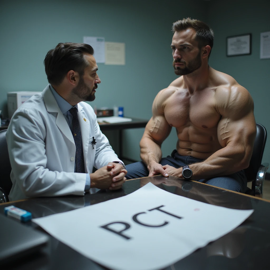 realistic scene of muscular bodybuilder sitting in front of a doctor in white coat in a clinical environment, on the table between them a clear large sheet with the text 'PCT', visible post cycle therapy drugs, professional and serious atmosphere emoji