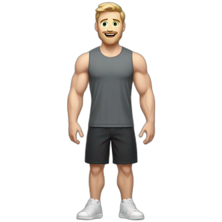 Full height Actively gesturing with hands Pale skinned Fit Man With the biceps and light brown hair in dark gray Sleeveless Mike, black oversize sports shorts and white Sneakers emoji