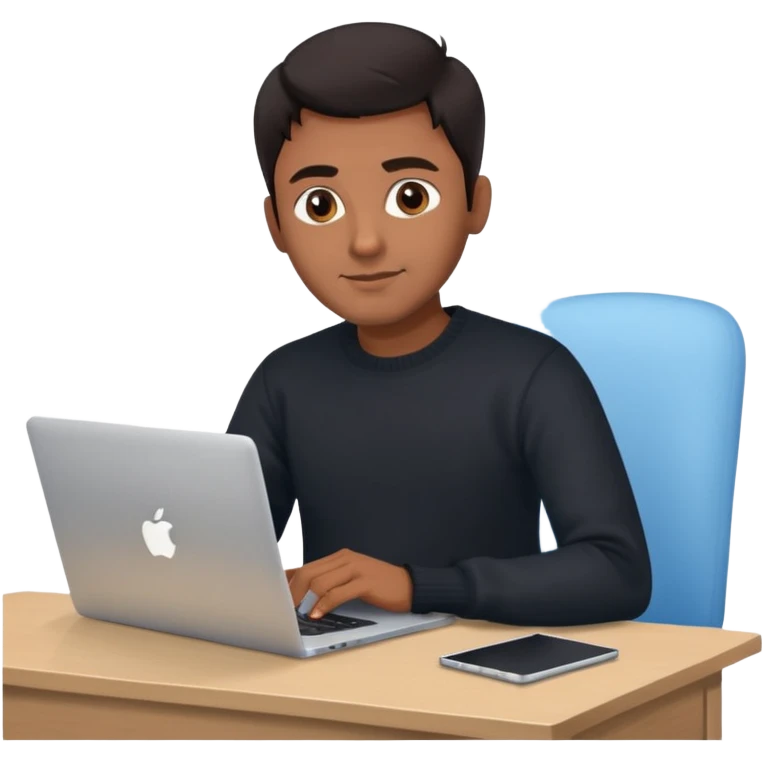memoji of a man with a laptop, apple-style, modern, dark hair, black sweater, Indian brown skin, holding a computer, sitting at a desk, light blue gradient background emoji