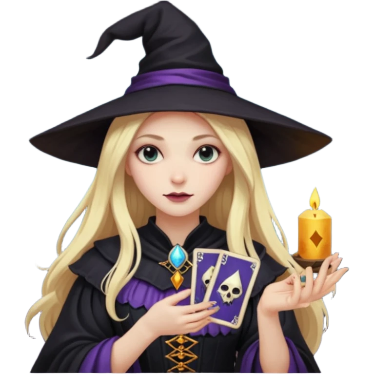 dark witch girl with long blonde hair and Tarot cards emoji