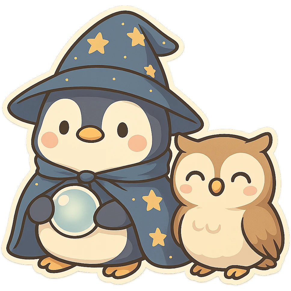 Add a cute pet owl next to the penguin wizard, keeping the whimsical chibi sticker style, with no background. emoji