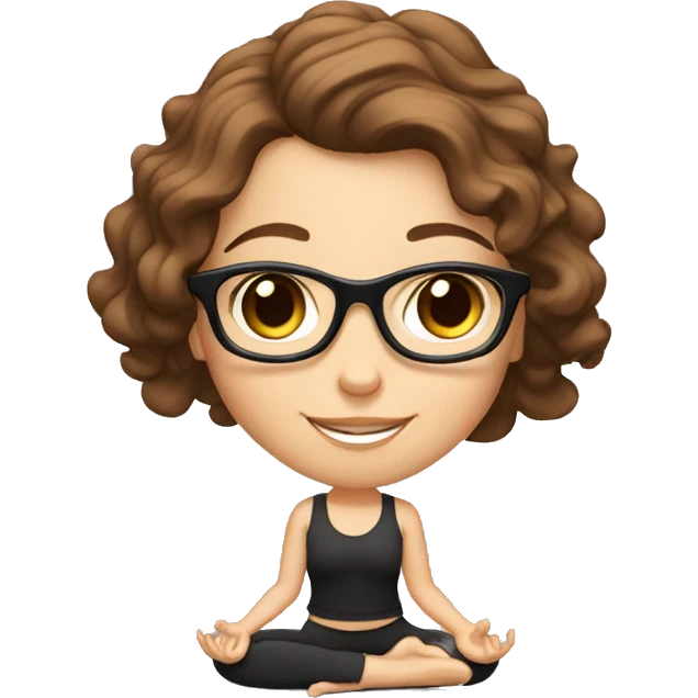 White girl with wavy brown hair, brown eyes and black glasses doing yoga emoji