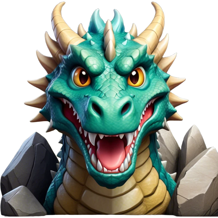 Cinematic Comical Giant Rock Dragon Portrait Emoji, Head tilted dramatically with an exaggeratedly amused expression, featuring a striking, chiseled body with bold stone textures and wide, expressive eyes brimming with playful geologic mischief; rendered with vivid, lifelike detail and dynamic, natural shadows, high shine, dramatic yet humorous, styled with an air of cheeky ancient solidity, soft glowing outline, capturing the essence of a spirited and over‐the‐top stone giant that looks ready to rumble with timeless mirth! emoji