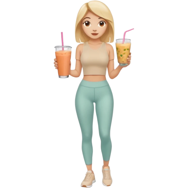 a young woman full length in a beige top and leggings and white sneakers with a passion fruit smoothie in one hand and a salmon poke bowl in the other hand emoji