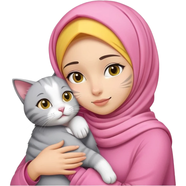 girl wear a pink hijab, the skin is yellow complexion, and hug a cat that has a gray shaped like a gordyn in face and white fur emoji